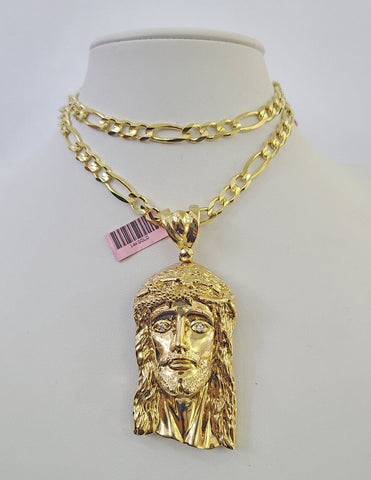 14k Figaro Chain Jesus Head Charm Pendant Gold 7mm 20-30 inch SET Necklace