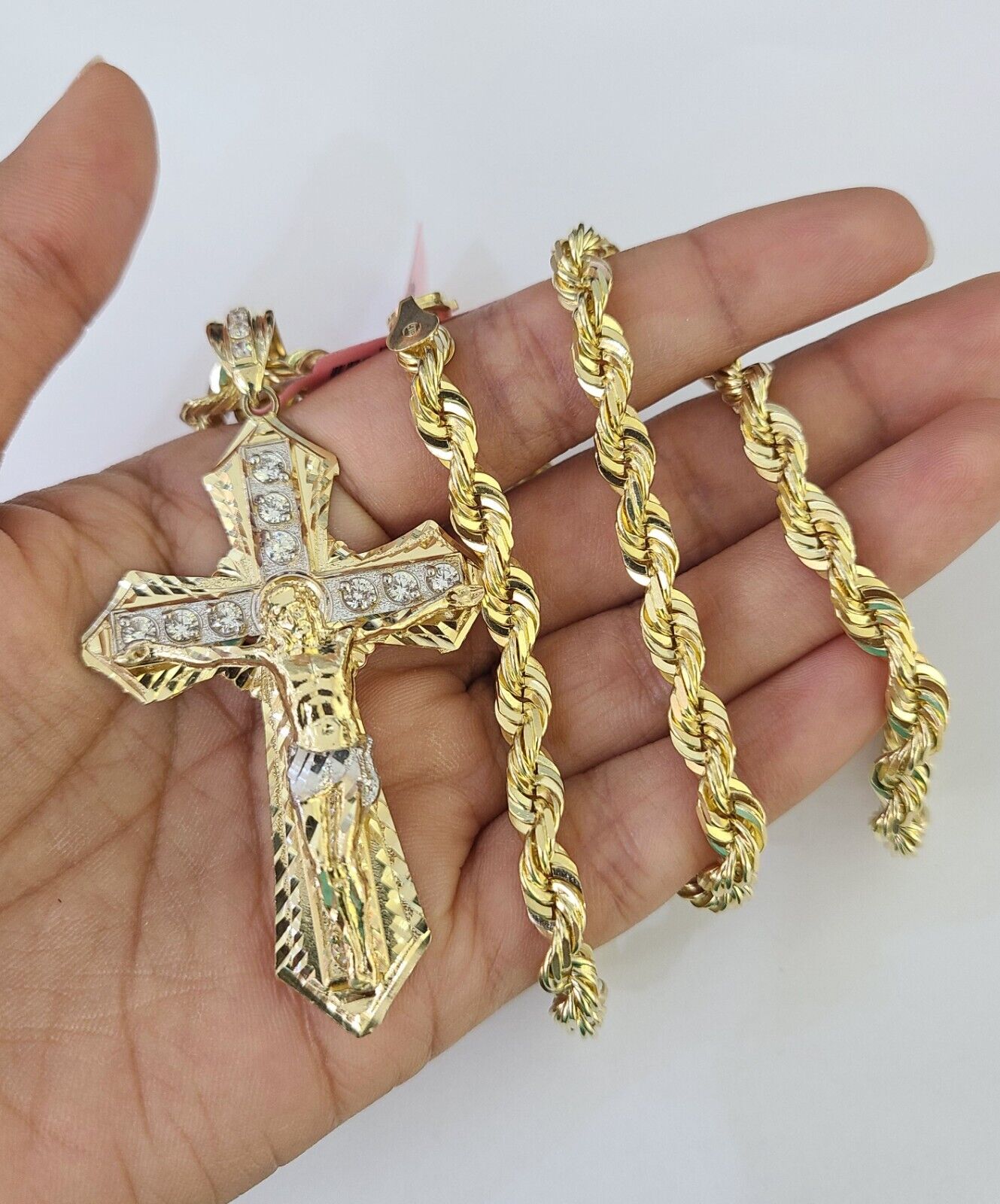 Real 14k Solid Rope Chain Jesus Cross Charm Set 6mm 18"-30" Necklace Gold