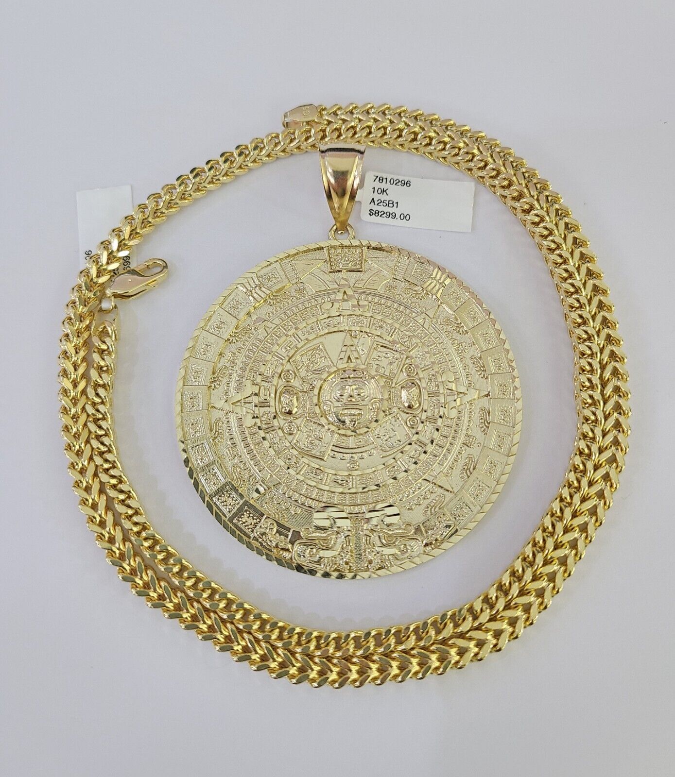 10K Franco Chain Mayan Calendar Pendant Charm Necklace 20"-26" 5mm Gold SET