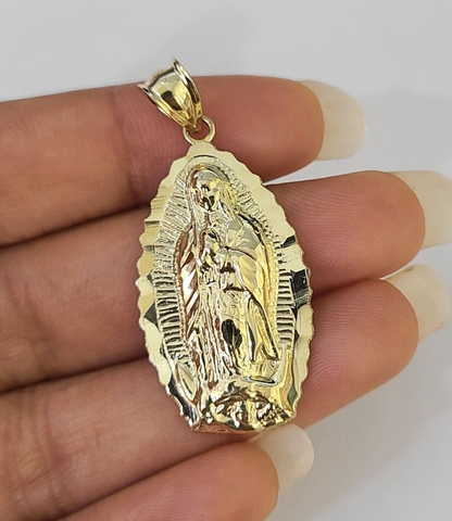 Real 10K Virgin Mary Pendent Charm 10kt Yellow Gold 1.5" Oval Holy Mother