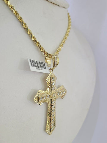 10k Solid Rope Chain Jesus Cross Charm Set 4mm 18"-28" Necklace Yellow Gold