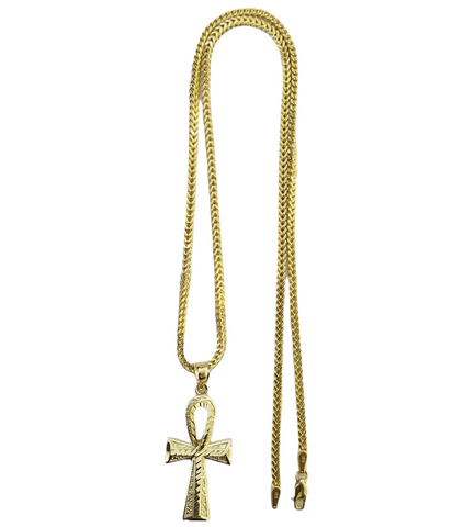 Real 10k Gold Ankh Cross Pendent 2mm Franco Chain 18"-30" Inch