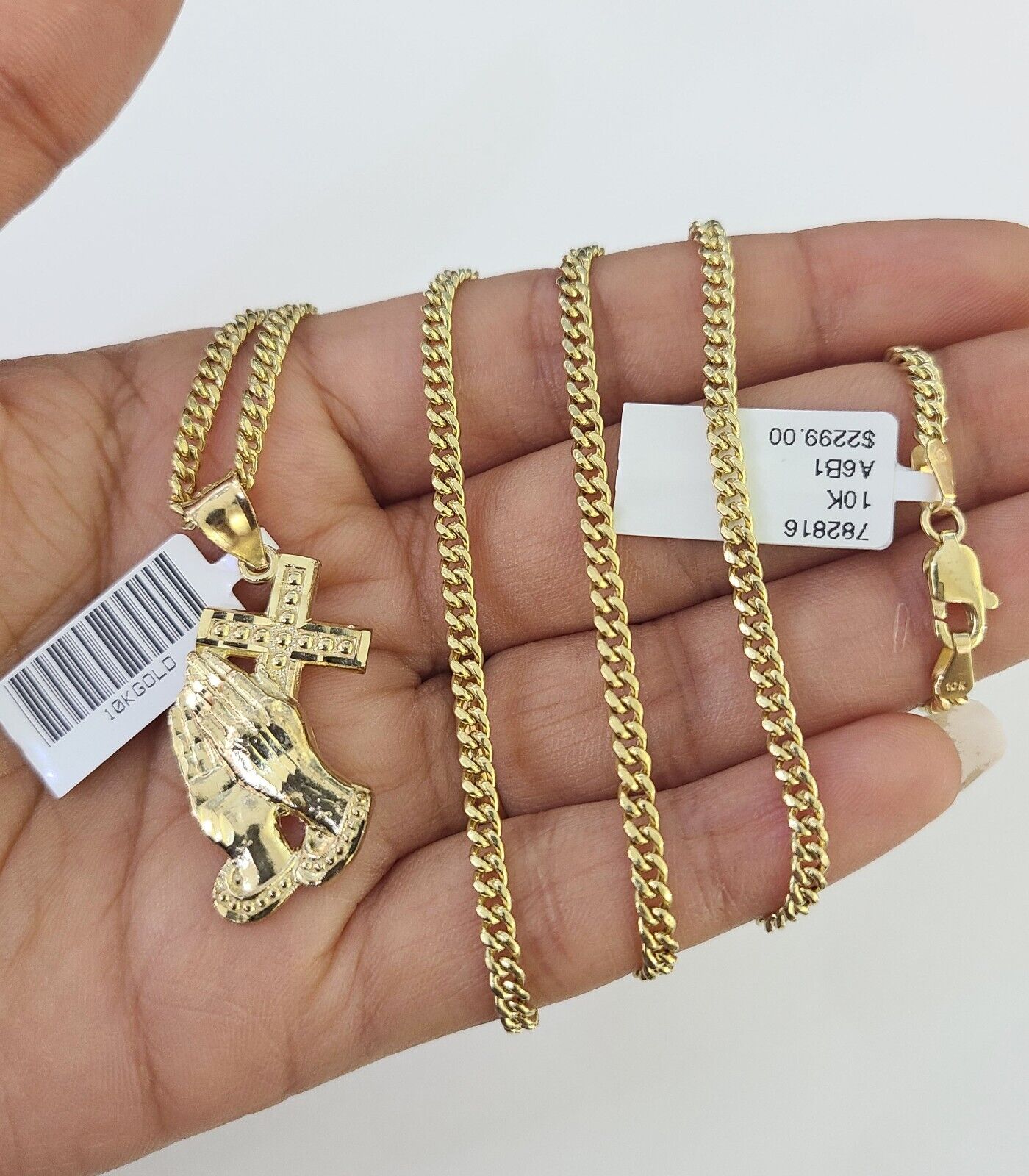 10K Gold Miami Cuban Chain Praying Hands Charm 18"-30" 3mm REAL Pendant