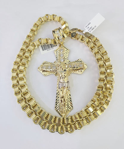 10k Gold Byzantine Necklace Jesus Cross Charm Pendant 20"-30" 8mm REAL SET Chain