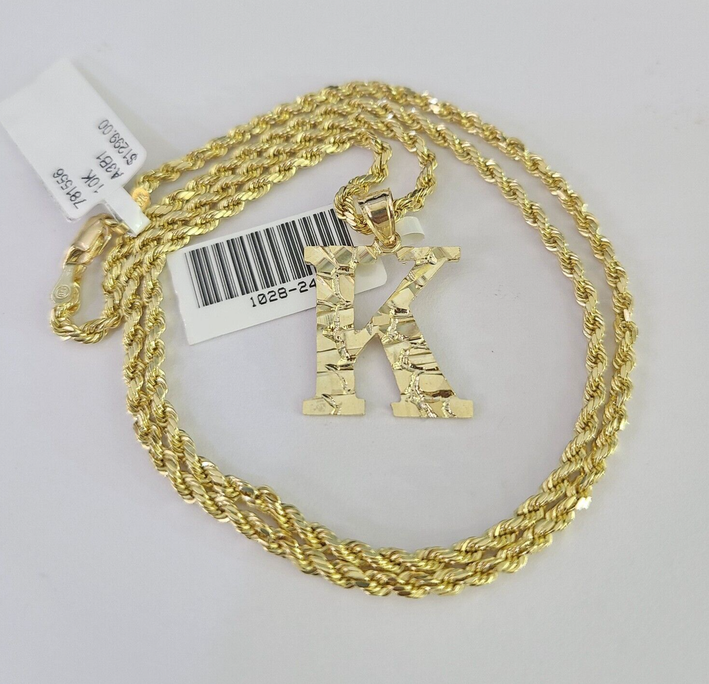 10k Gold Initial K Charm Rope Chain 16"-26" 2.5mm SET Necklace Alphabet Pendant