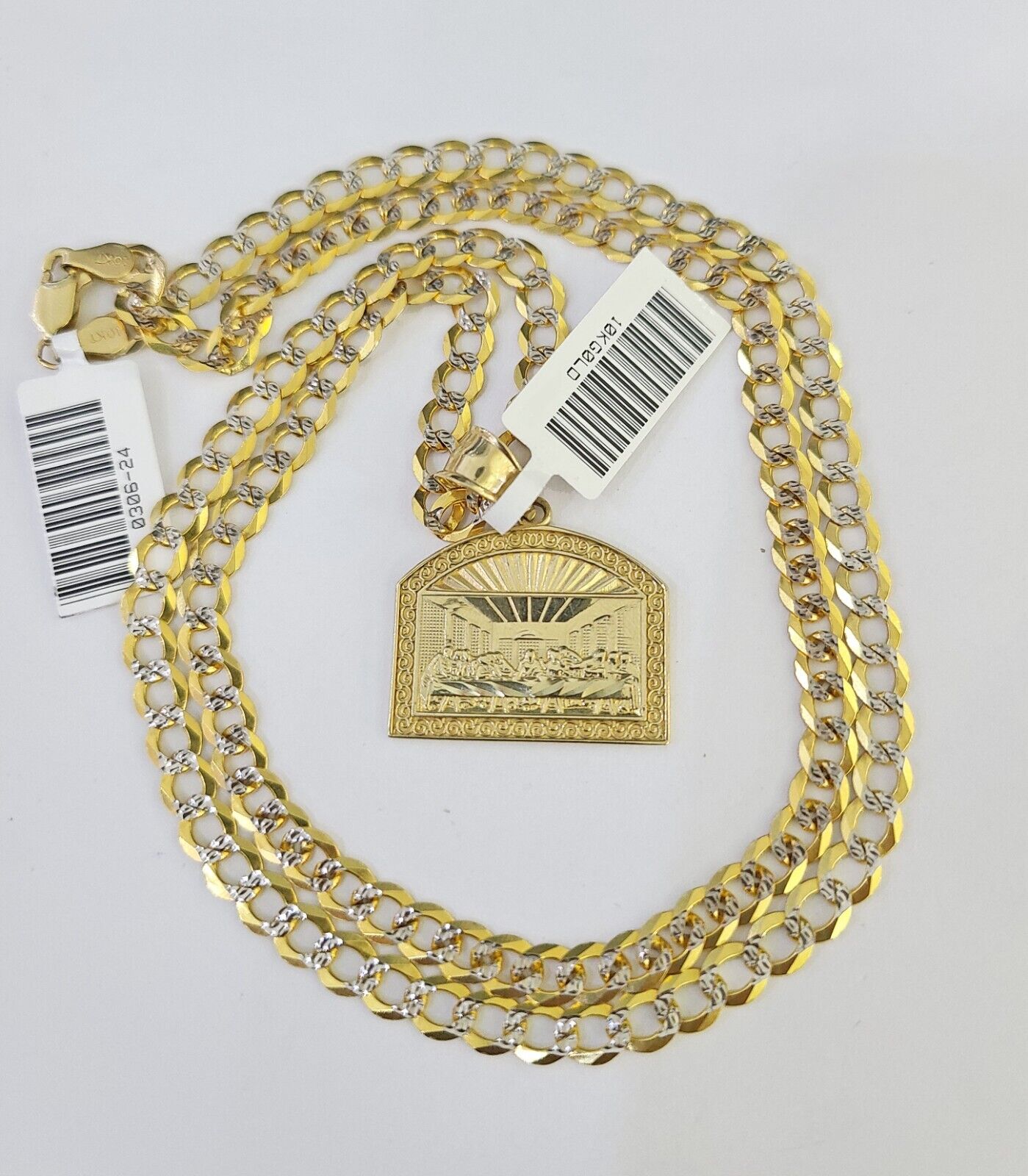 10k Gold Chain Last Supper Charm Solid Cuban Curb Link 5mm 18"-28" Inch SET