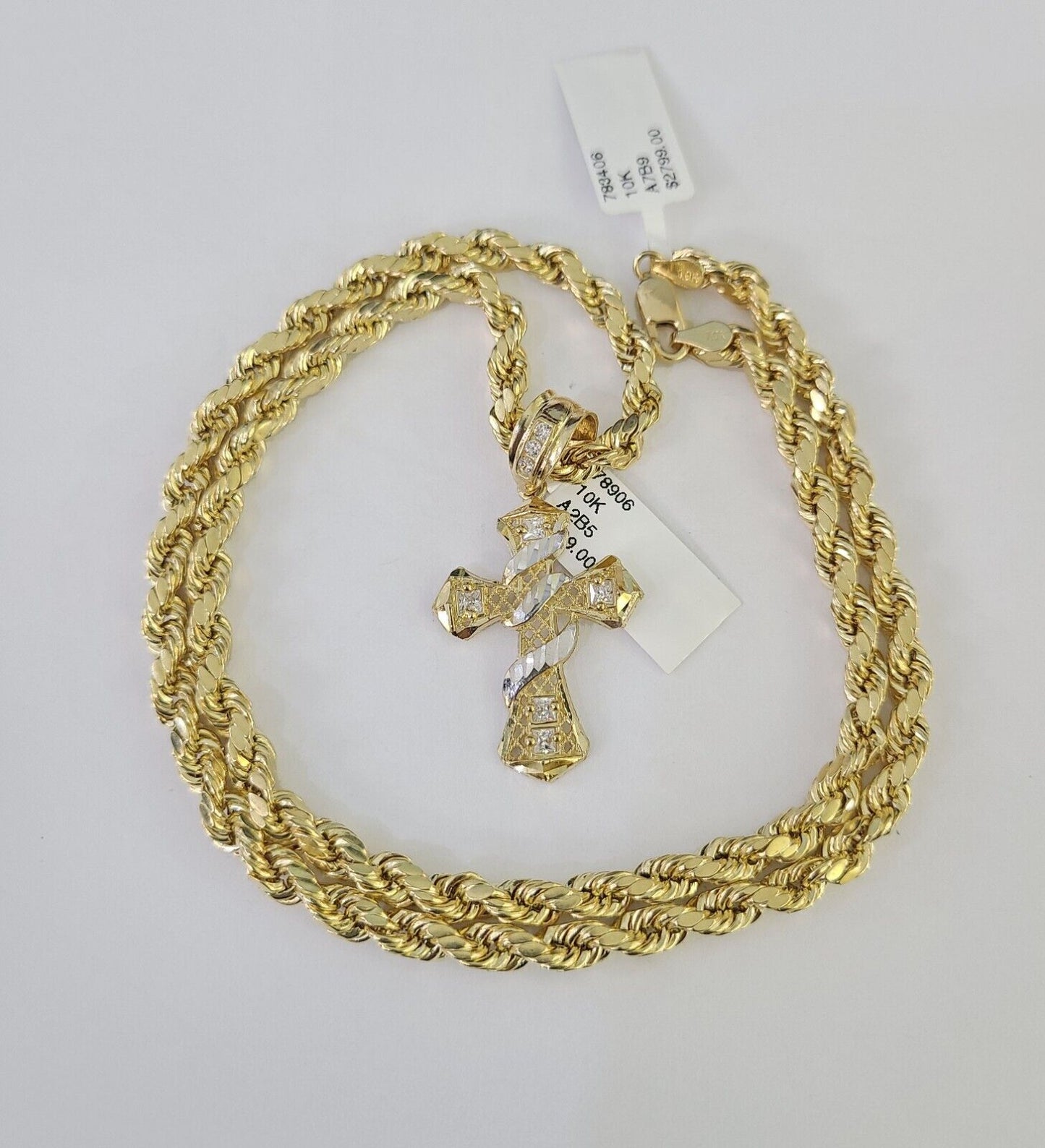 Real 10k Rope Chain Jesus Cross Charm Necklace Pendant Set 5mm 20"-30" Inch Gold