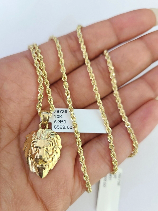 10k Solid Rope Chain 2mm Lion Pendant Charm Necklace SET 18-22" Ladies Yellow