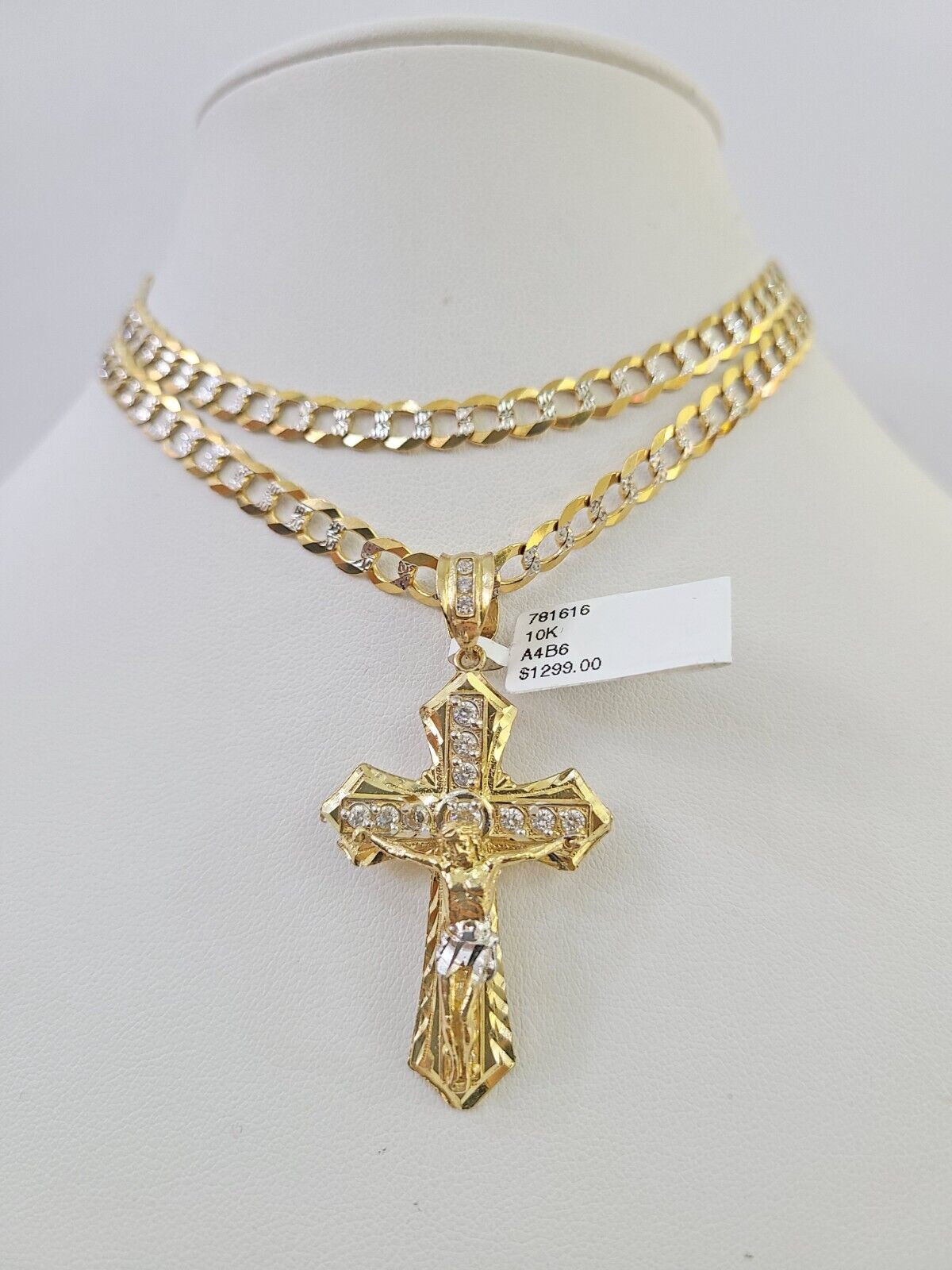 10k Solid Gold Cuban Curb Chain Jesus Cross Pendant 6mm 20"-30" SET Necklace