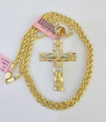 Real 14k Solid Rope Chain Jesus Nugget Cross Charm Set 3mm 18"-26" Necklace Gold