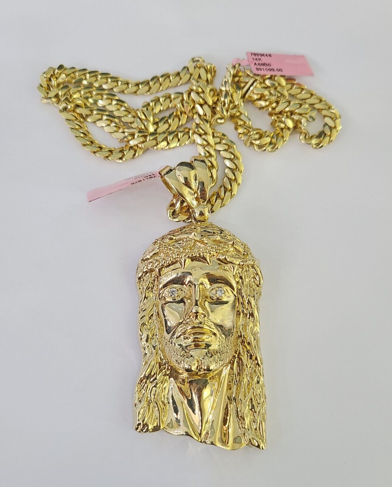 Real 14k Solid Chain Jesus Head Charm Set Miami Cuban 6mm Necklace Pendant Gold