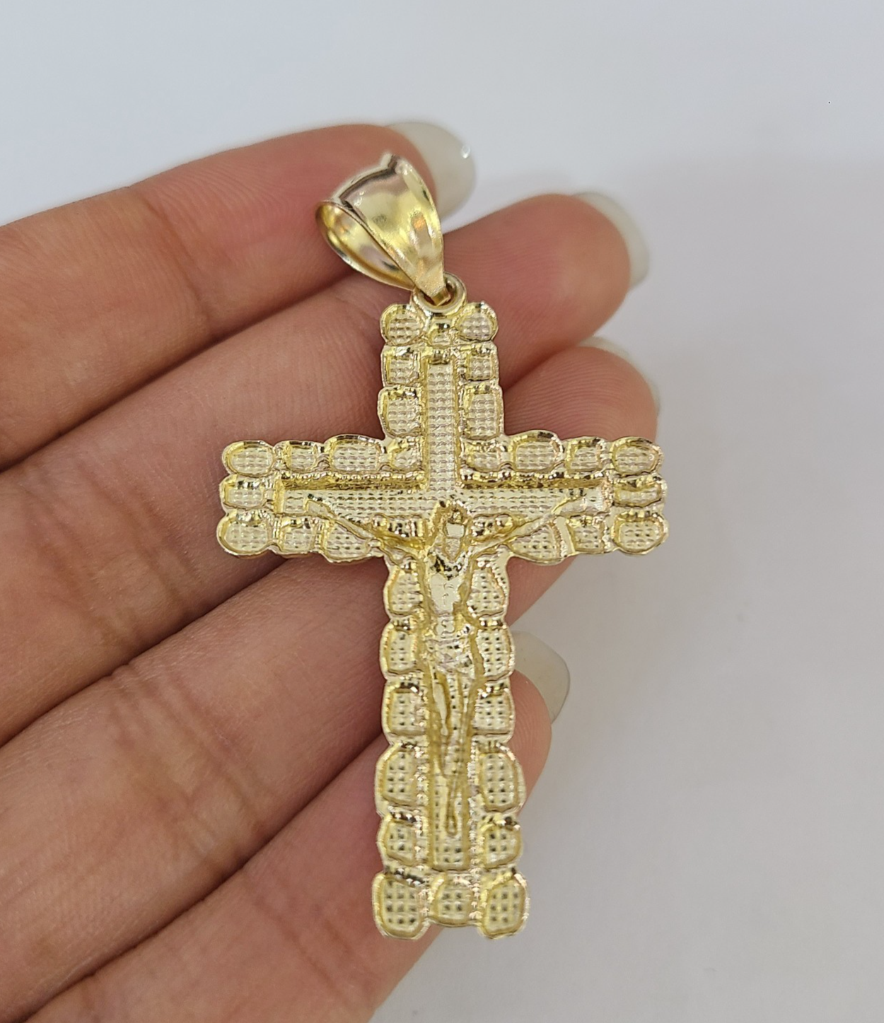 10k Gold Chain Cuban Curb Jesus Cross Charm Pendant Link 5mm 18"-28" Inch SET
