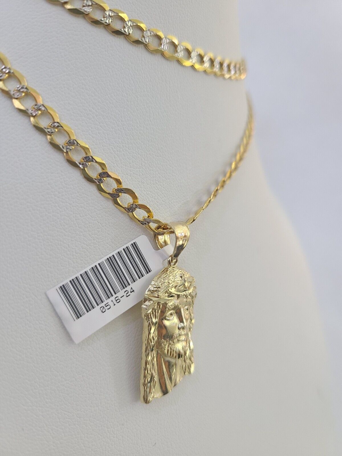 10k Gold Chain Jesus Head Charm Solid Cuban Curb Link 5mm 18"-28" Inch SET