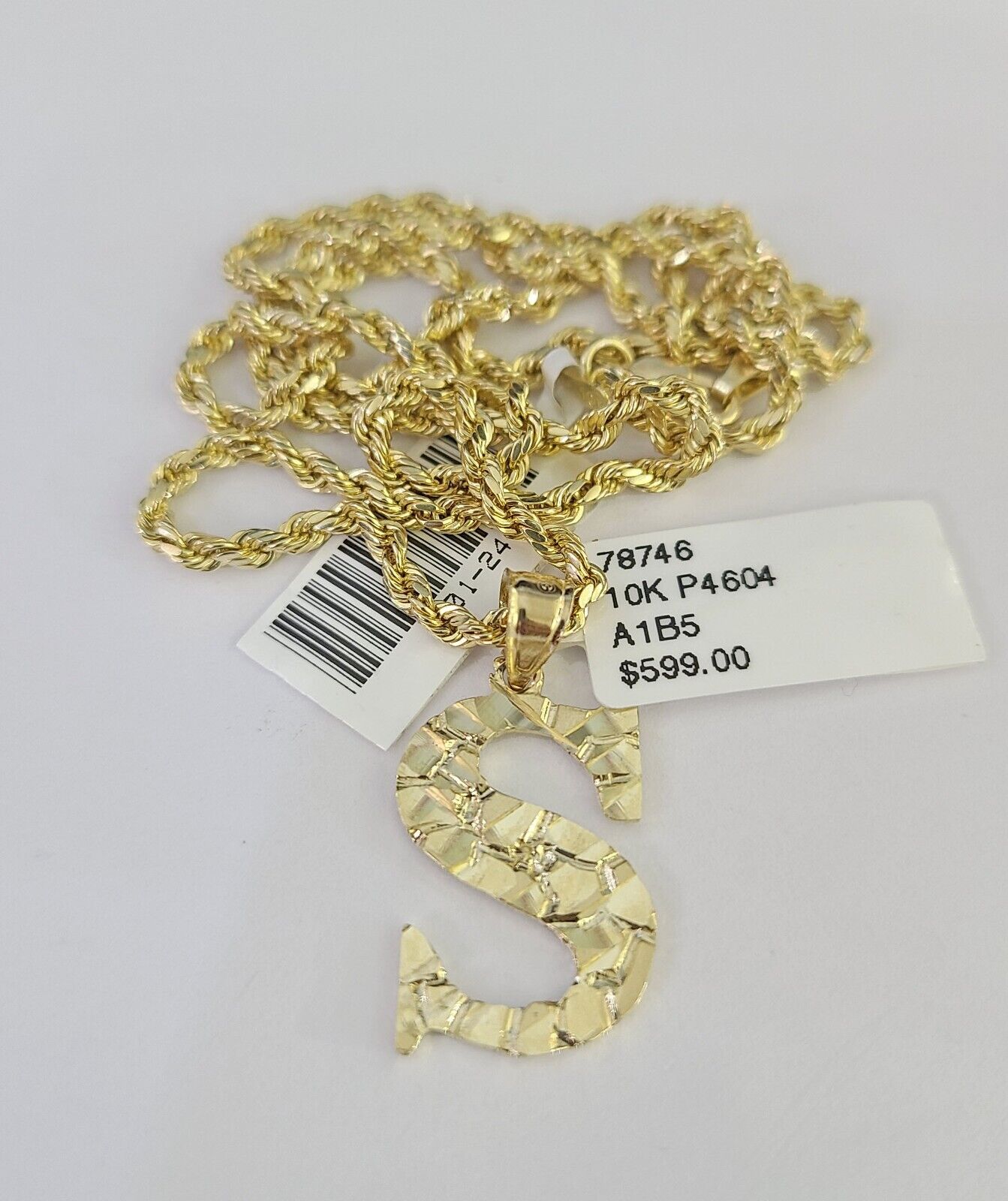 10k Gold Initial S Charm Rope Chain 16"-26" 2.5mm SET Necklace Alphabet Pendant