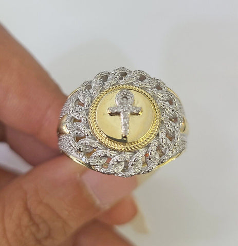 Real 10k Diamond Mens Ring Jesus Cross Band Yellow Gold Casual Genuine Natural