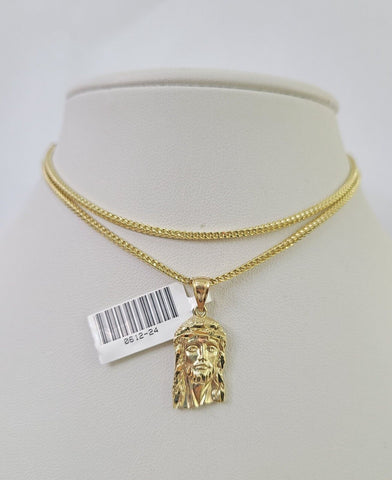 10K Franco Chain Jesus Head Pendant Charm Necklace 16"-24" 2mm Gold SET Yellow