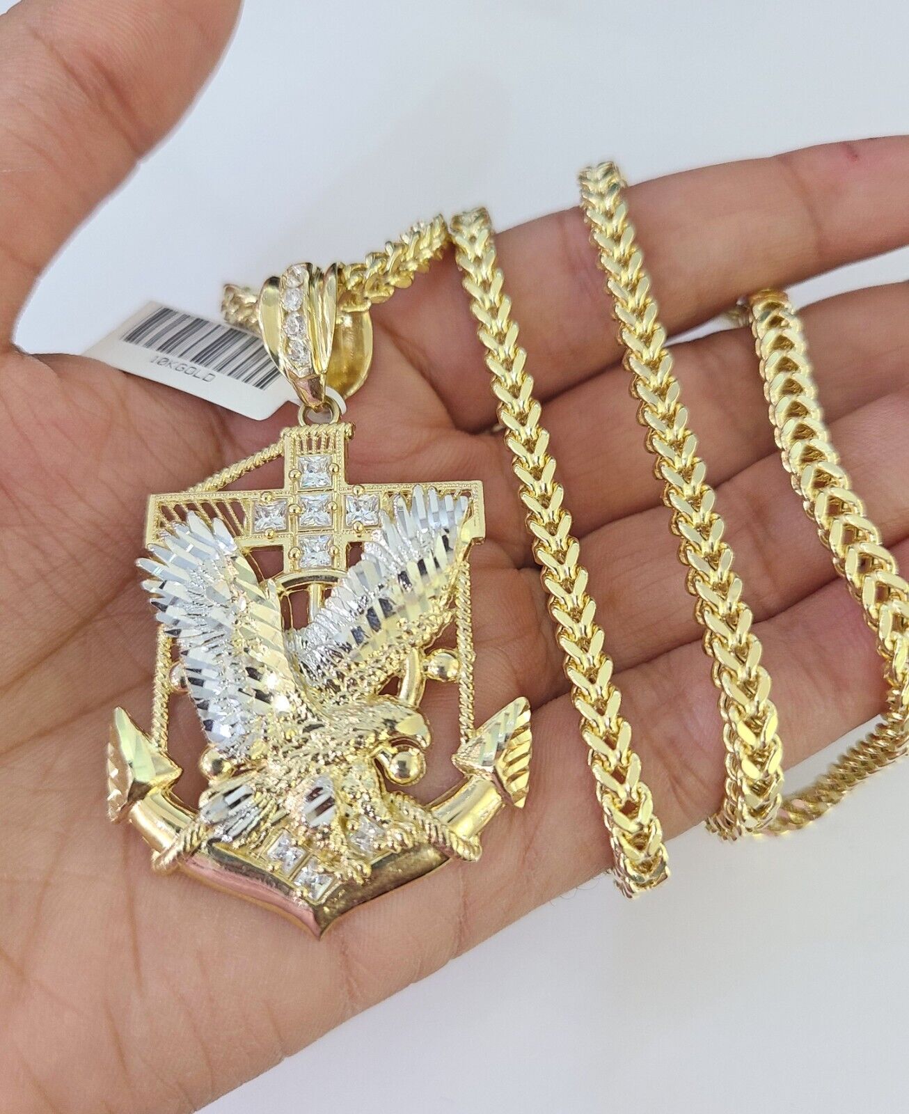 10K Franco Chain Eagle Anchor Pendant Charm Necklace 20"-28" 4mm Yellow Gold SET