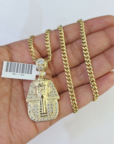 10k Miami Cuban Chain Pharaoh Charm Set 4mm 18"-28" Necklace Pendant Gold