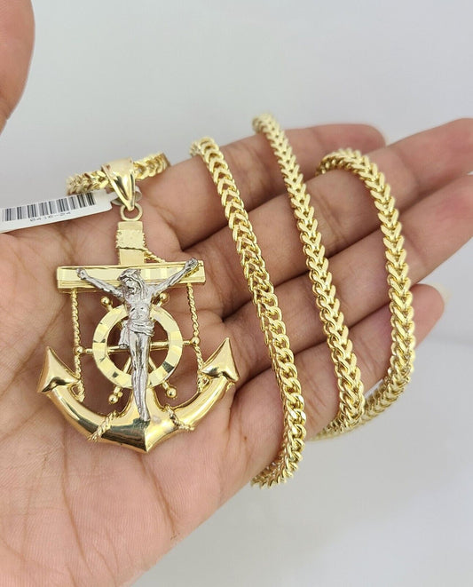 10K Franco Chain Jesus Anchor Pendant Charm Necklace 20"-28" 4mm Yellow Gold SET