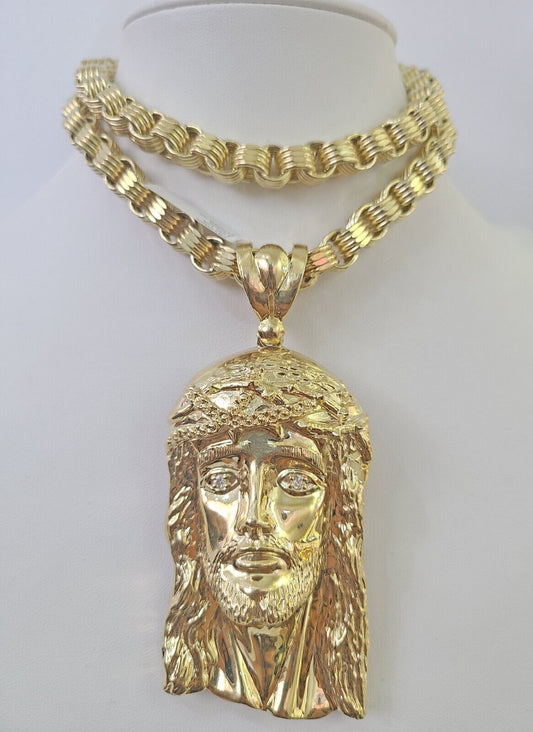 10k Gold Byzantine Necklace Jesus Head Charm 20-30 inches 9mm REAL SET Chain