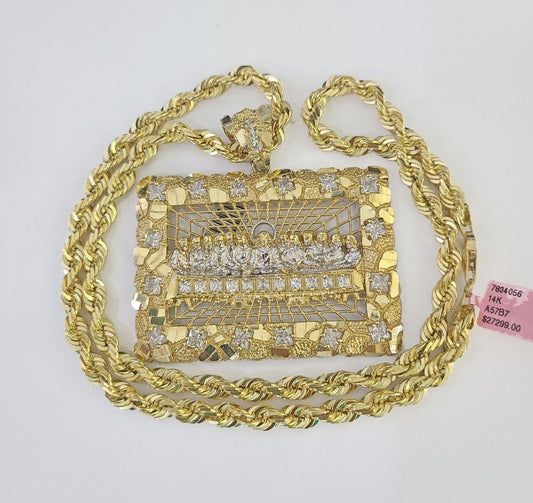 Real 14k Solid Rope Chain Last Supper Charm Set 6mm 18"-30" Necklace Gold