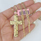 14k Gold Chain Cross Charm Solid Cuban Curb Link 3mm 18"-26" Inch Diamond CutSET