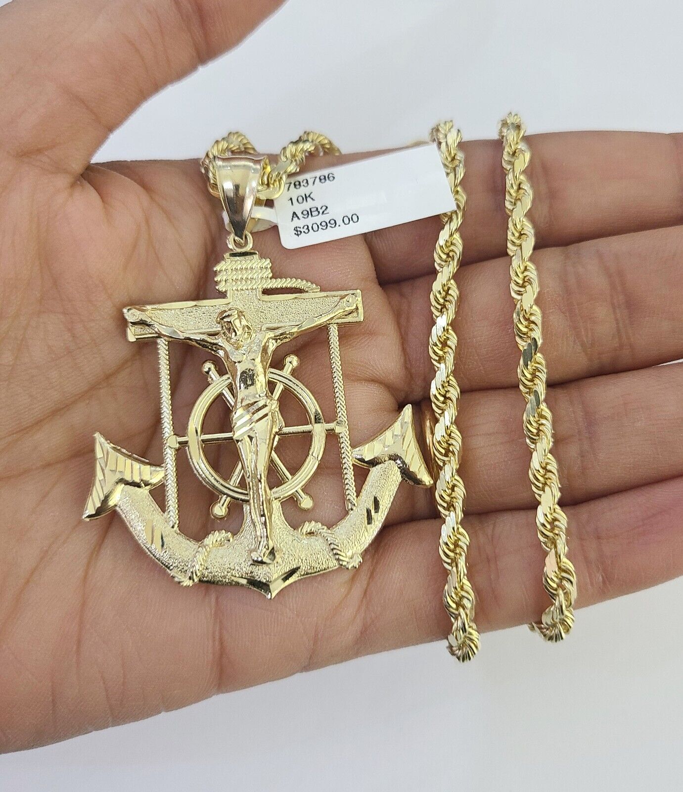 10k Solid Rope Chain Jesus Anchor Charm Set 4mm 18"-30" Necklace Gold Pendant