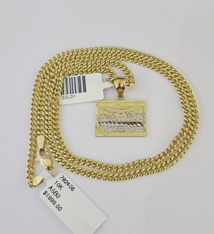 10K Gold Miami Cuban Chain Last Supper Charm 18"-28" 3mm REAL Pendant Necklace