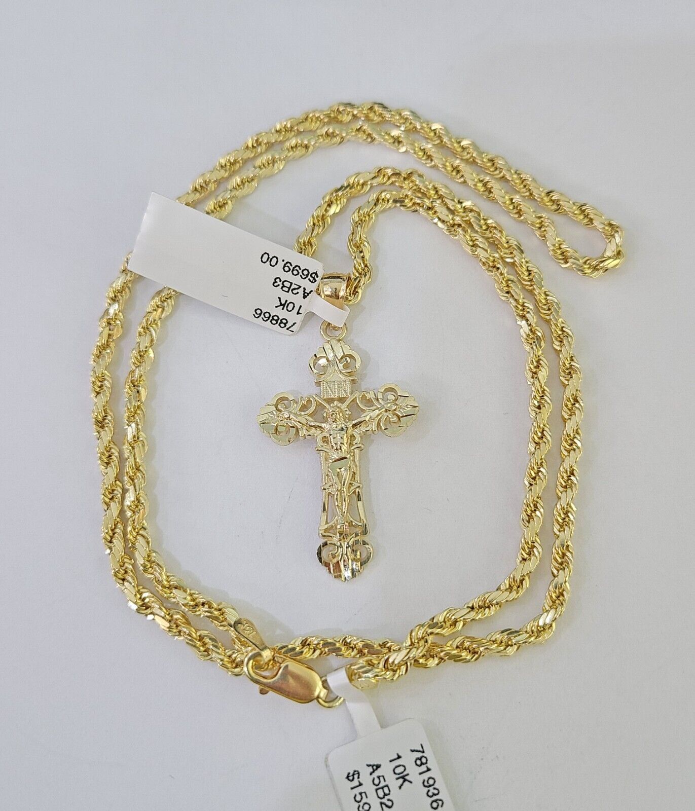 Real 10k 3mm Rope Chain Jesus Cross Pendant Charm 18" 20" 22" 24" 26" Set Yellow