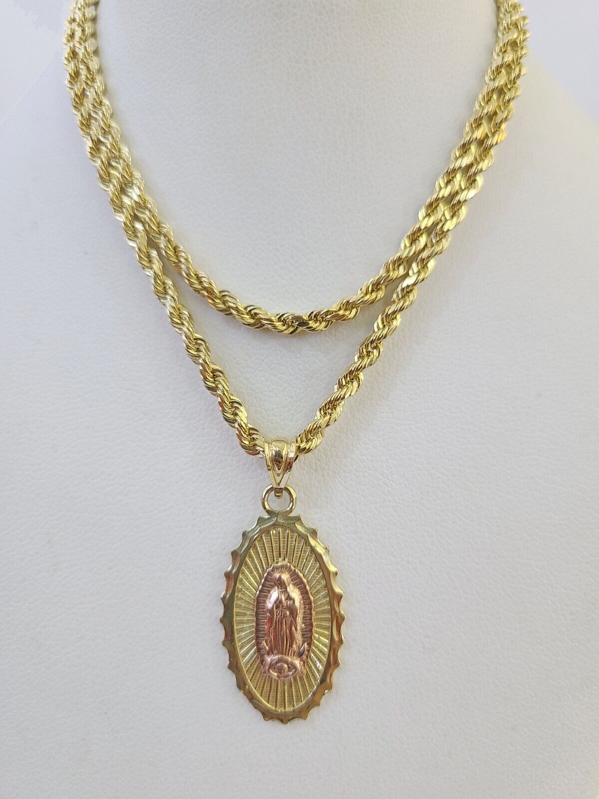 10k 3mm Rope Chain Virgin Mary Pendant 18"-30" Yellow Gold Set Charm Necklace