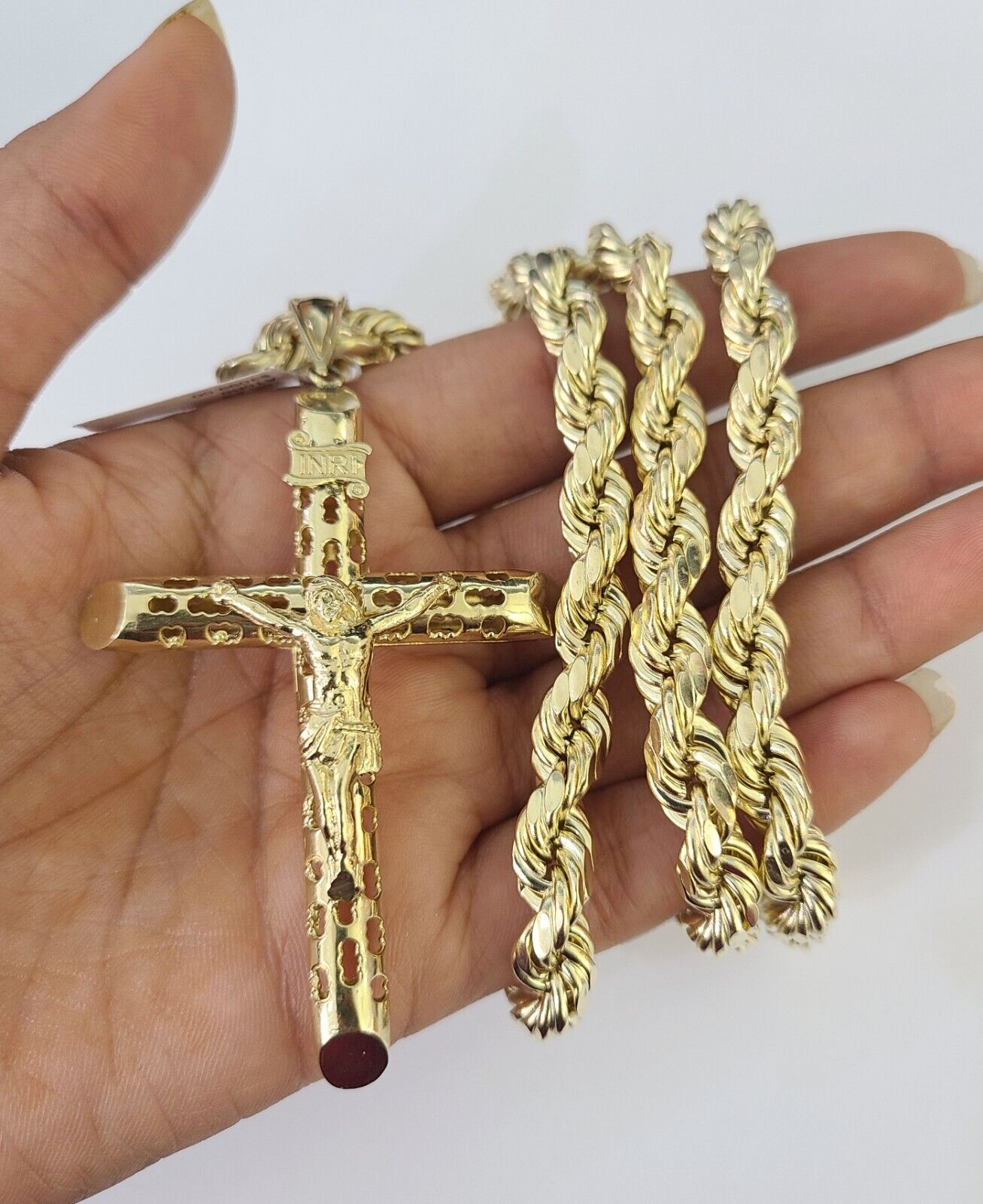 Real 10k Rope Chain Jesus Cross Charm Set 8mm 20"-30" Inch Necklace Yellow Gold