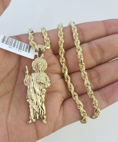 10k Solid Rope Chain Saint Jude Charm Set 4mm 18"-30" Necklace Gold Pendant