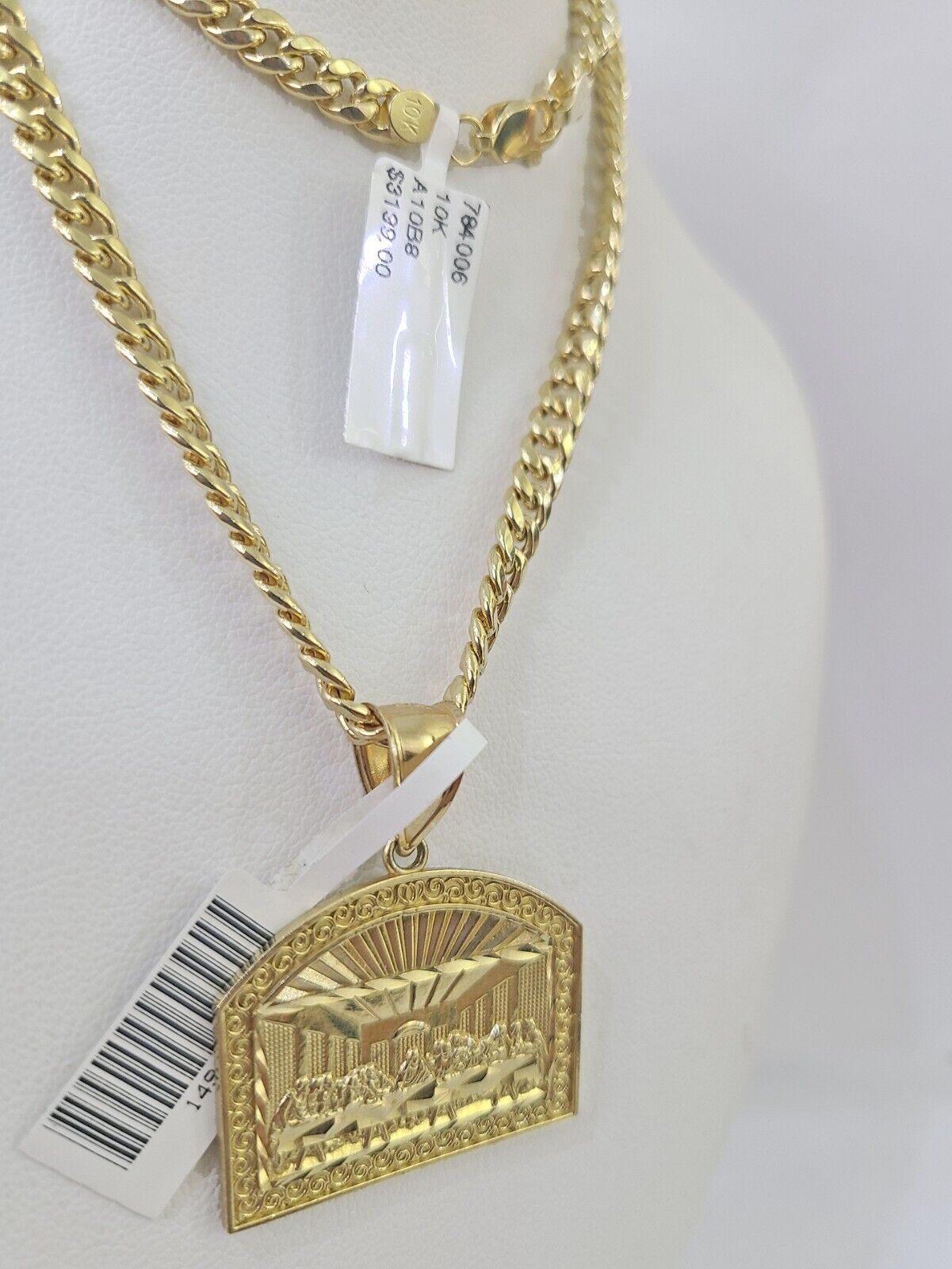 10k Yellow Gold Chain Last Supper Charm Pendant Set 5mm Miami Cuban Necklace