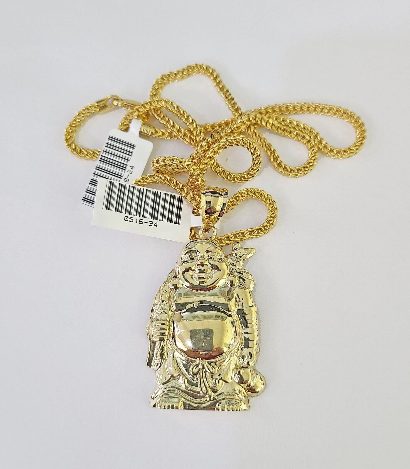 10K Gold Franco Chain Laughing Buddha Charm Pendant 20-26 inches 2.5mm Yellow