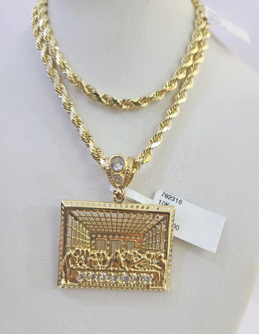 10k Solid Rope Chain Last Supper Charm Set 4mm 18"-30" Necklace Gold Pendant