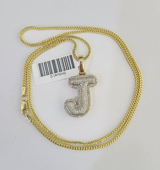 10K Franco Chain Diamond J Pendant Initial Charm Letter Necklace 18"-24" 1.5mm