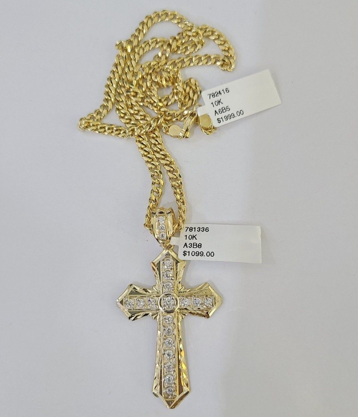 10k Yellow Gold Chain Cross Charm Pendant Set Miami Cuban Link Necklace DISCOUNT