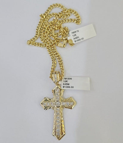 10k Yellow Gold Chain Cross Charm Pendant Set Miami Cuban Link Necklace DISCOUNT