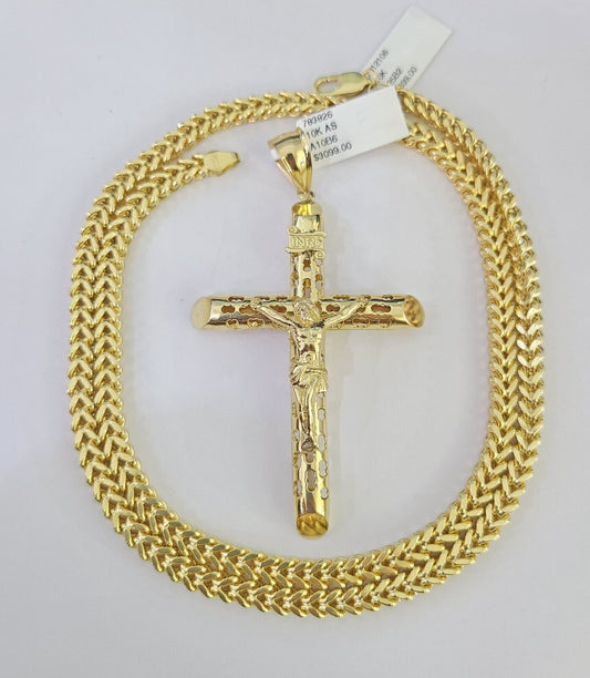 10K Franco Chain INRI Jesus Cross Pendant Charm Necklace 20"-26" 5mm Gold SET