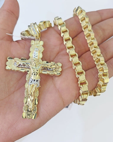 Real 10k Gold Nugget Cross Byzantine Chain Necklace 6mm 24" Chain SET Yellow