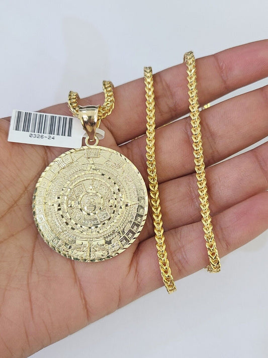 10K Franco Chain Mayan Calendar Pendant Charm Necklace 20"-26" 3mm Gold Yellow