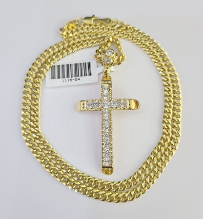 10k Miami Cuban Chain Jesus Cross Charm Set 4mm 18"-28" Necklace Yellow Gold