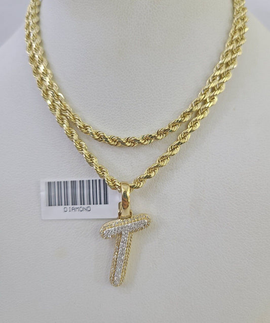 10k 3mm Rope Solid Chain T Diamond Pendant Alphabet 18"-28" Gold Charm Necklace