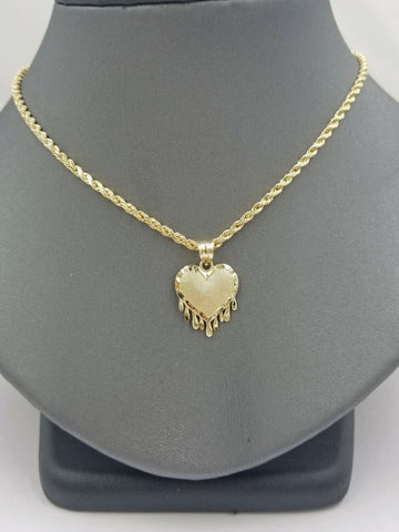 Real 10k Gold Heart Pendant Rope Chain Charm Necklace 16" END