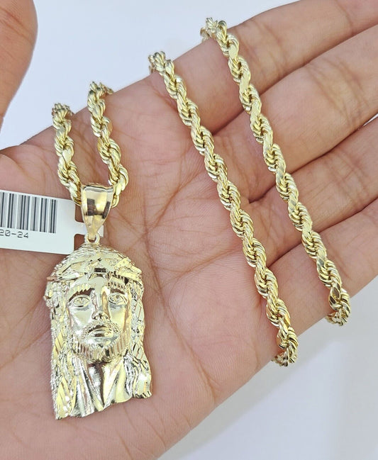 10k Yellow Gold Rope Chain Jesus Cross Charm Set 4mm 18"-26"Inch Necklace