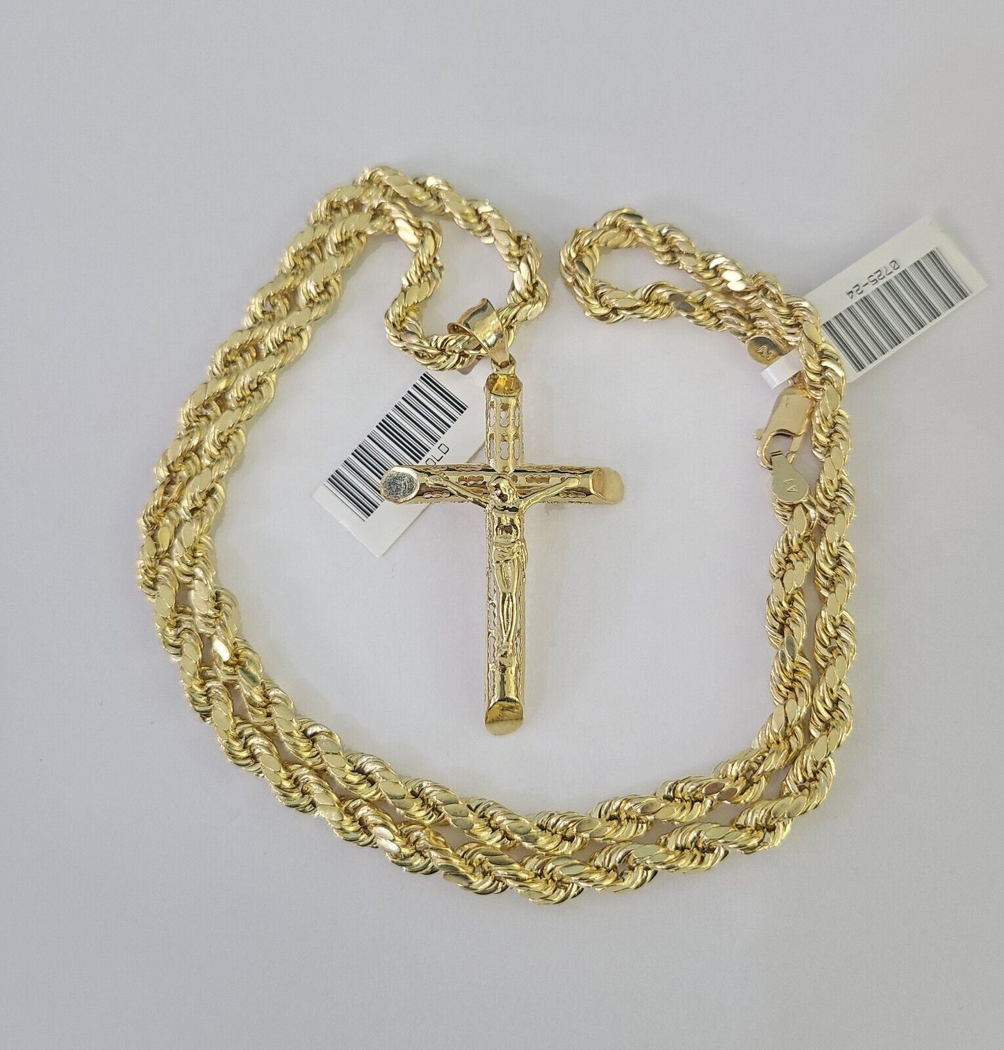 Real 10k Rope Chain Jesus Cross Charm Necklace Pendant Set 5mm 20"-30" Inch Gold