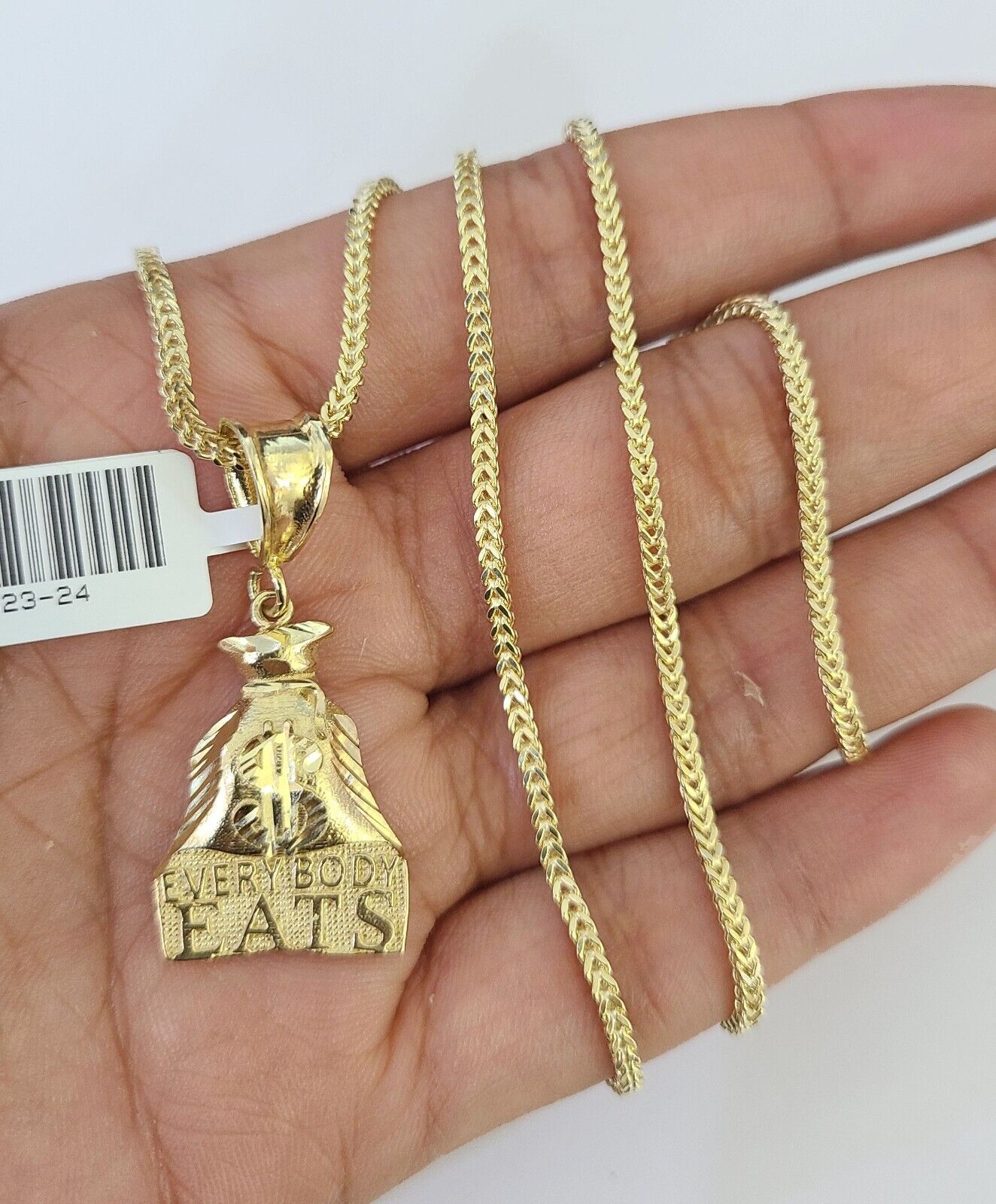 10K Franco Chain Everybody Eats Pendant Charm Necklace 16"-24" 2mm Gold SET