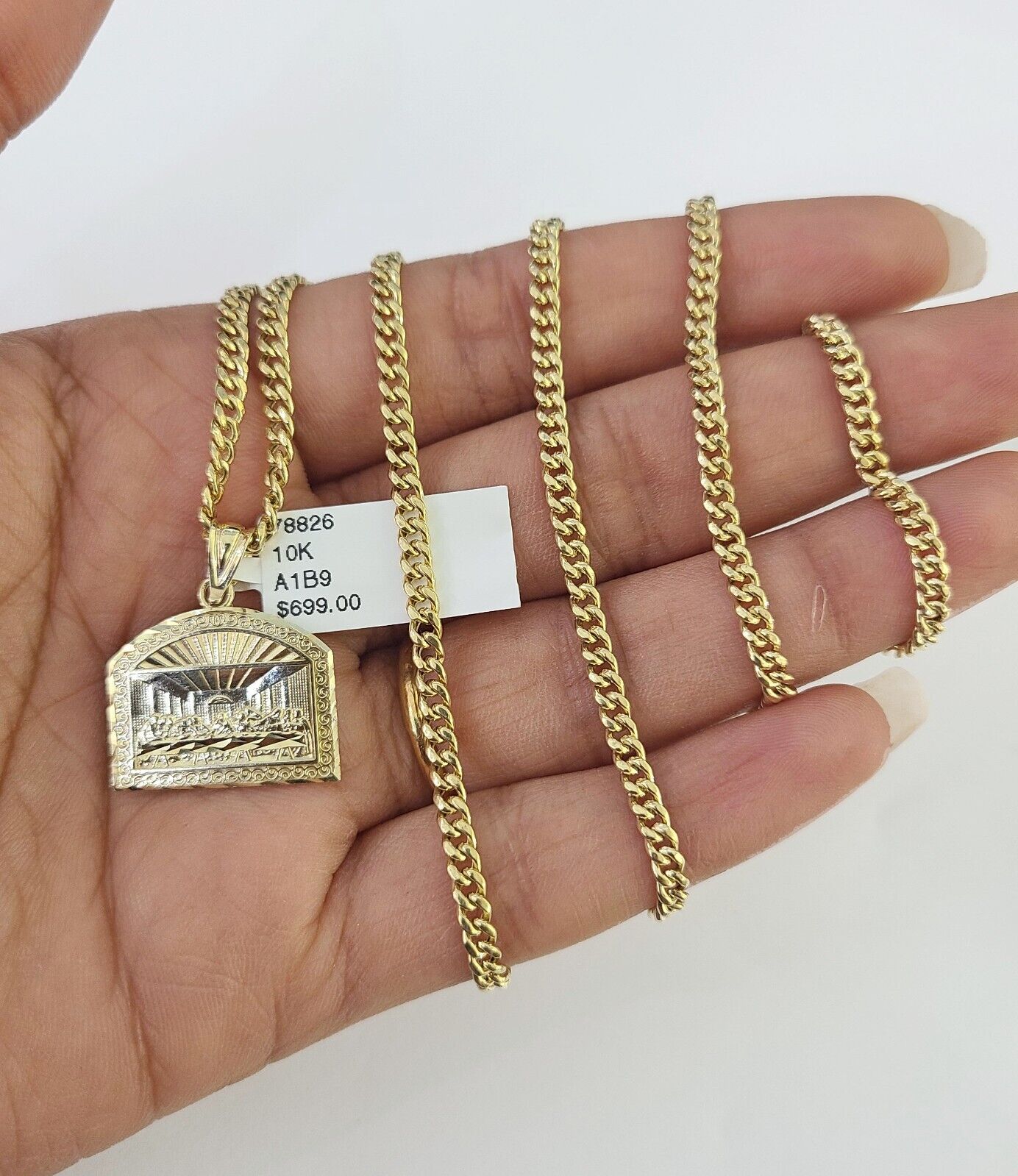 10K Gold Miami Cuban Chain Last Supper Charm 18"-30" 3mm REAL Pendant