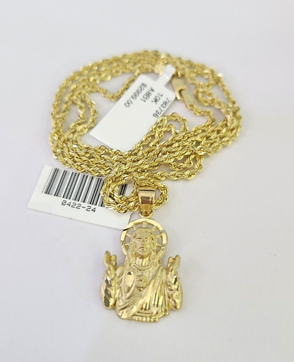 10k Solid Rope Chain 2mm Jesus Pendant Charm Necklace SET 18-22 in Ladies