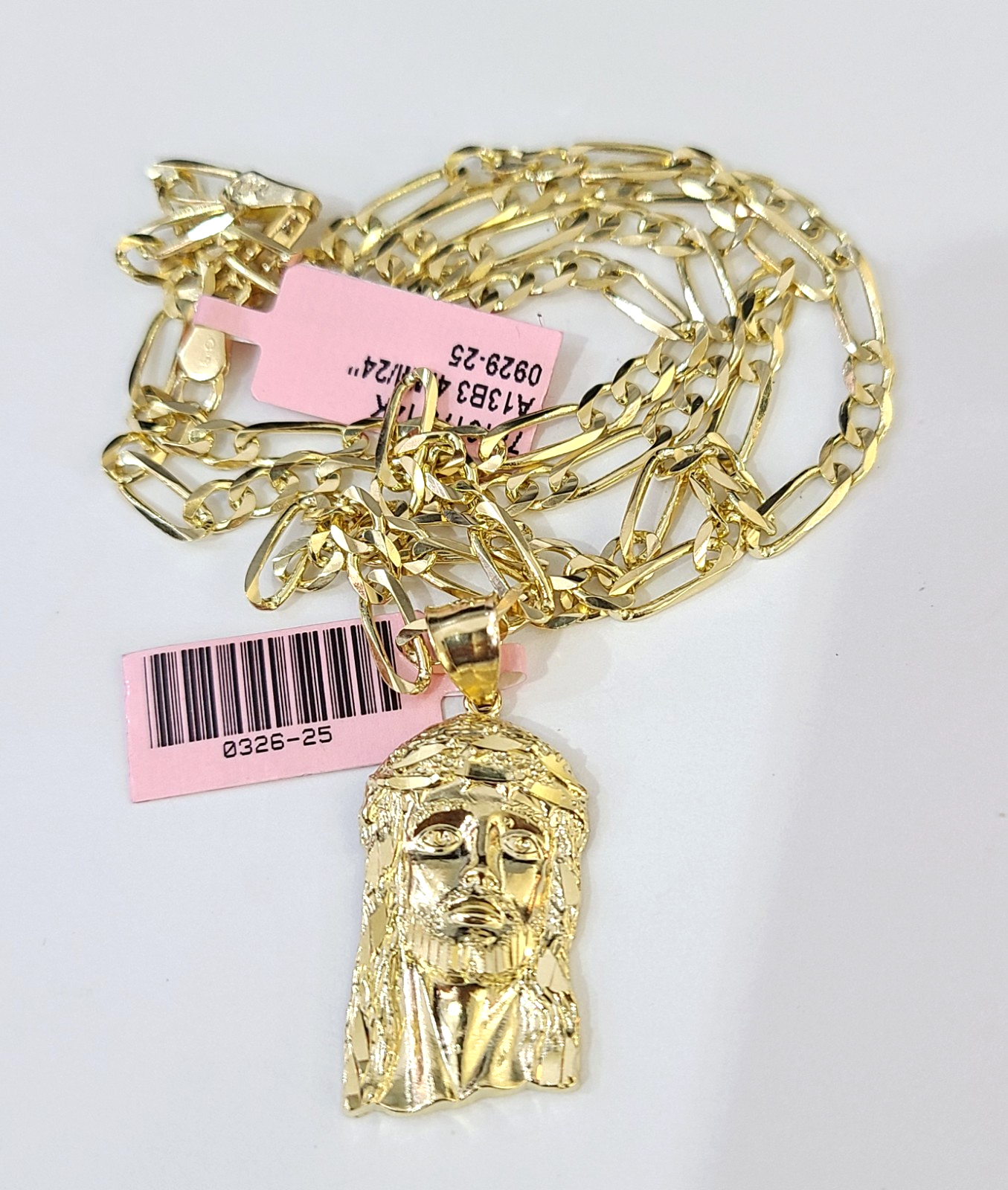 14k Solid Figaro Chain Jesus Head Pendant Gold 4mm 18-28 inch SET Necklace